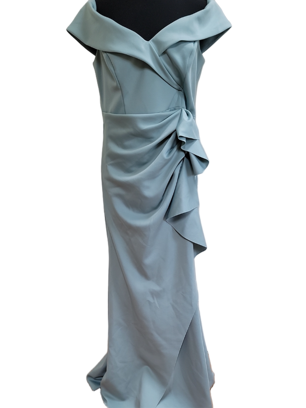 XSCAPE Women's Scuba Off-The-Shoulder Gown in Pastel Sage Green Size 16